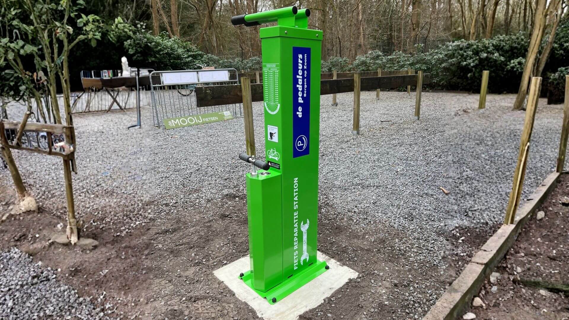 Groen fietsreparatiestation met pomp, gereedschap en opdruk "de Pedaleurs"