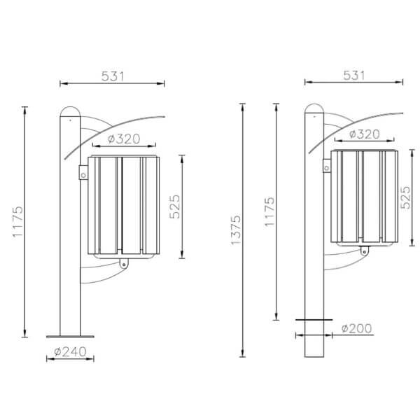 Afvalbak voor buiten Basket tekening met maatvoering Technische tekening van van afvalbak voor de openbare inrichting