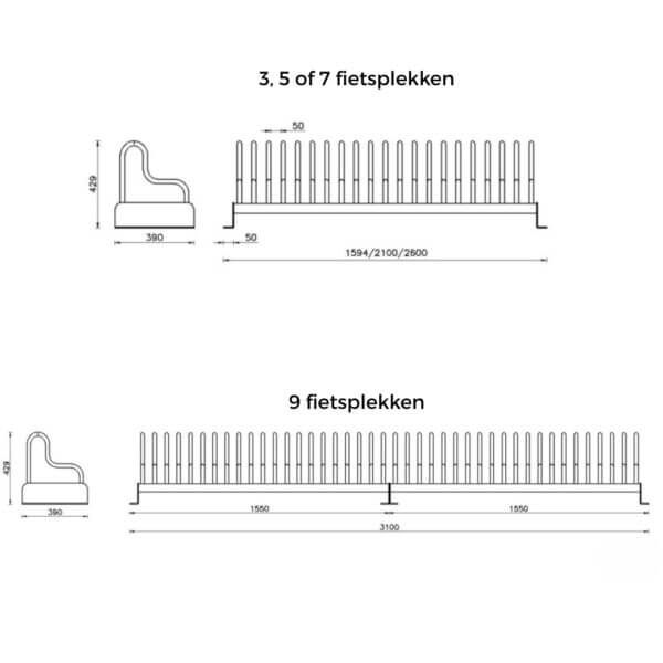 Maatvoering fietsenrek Gamma echnische tekening van het Gamma fietsenrek met afmetingen en opties voor 3, 5, 7 of 9 fietsen