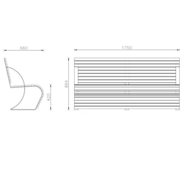 Maatvoering houten buitenbank Diamante Technische tekening van parkbank van hout