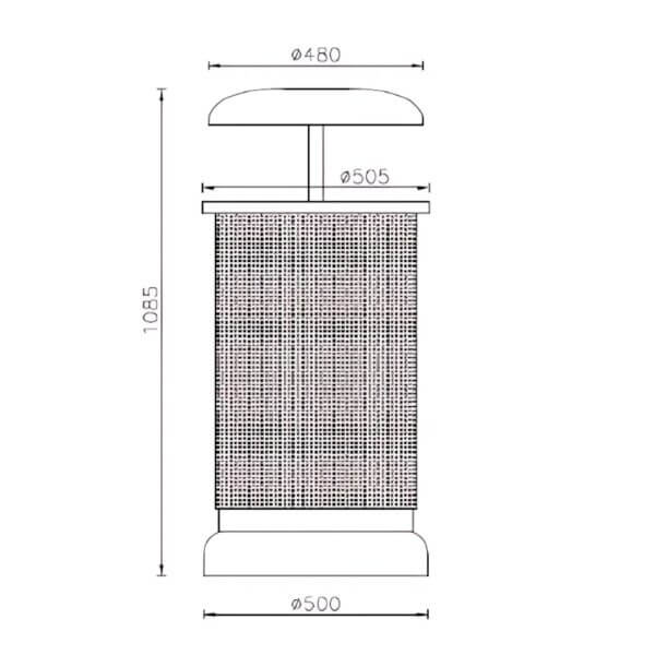 Technische tekening van een afvalscheidingsbak met 4 bakken Technische lijntekening van een ronde afvalbak met geperforeerde behuizing, overkappingsdeksel en centrale staander. De diameter van de behuizing is 500 mm, de totale hoogte bedraagt 1085 mm.