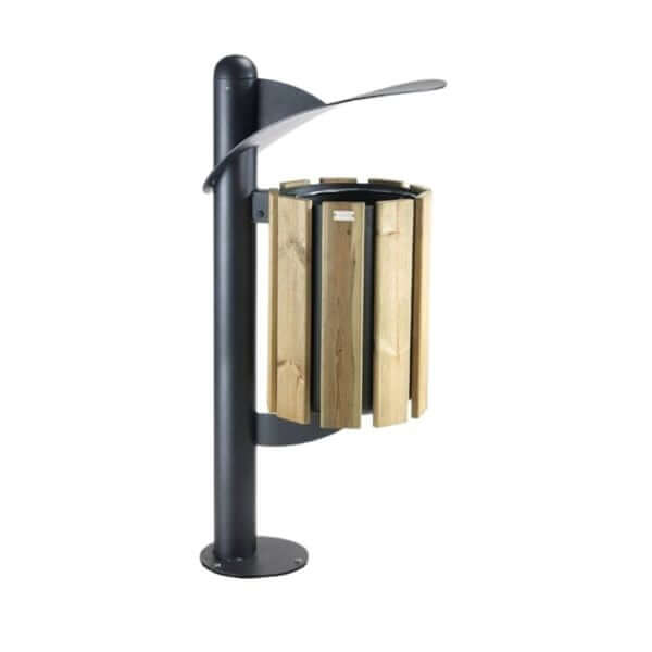 Stijlvolle afvalbak met hout en staal Afvalbak kopen voor openbare ruimte, 45L, staal met houten latten en weerbestendige afwerking.