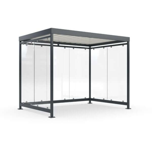 Moderne betaalautomaat- en fietsoverkapping van staal en ESG-glas voor buitengebruik.