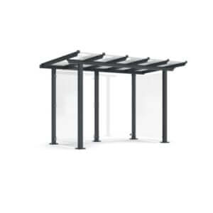 Overkapping met ESG glaswanden en stalen frame op voetplaten