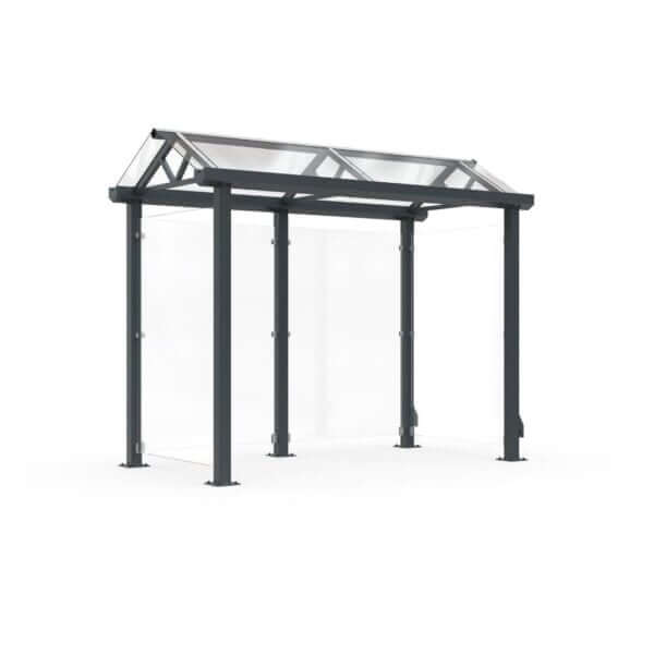 Rookoverkapping van 3000x2000mm met glazen dak en zijwanden van veiligheidsglas, geschikt voor 5-6 personen.