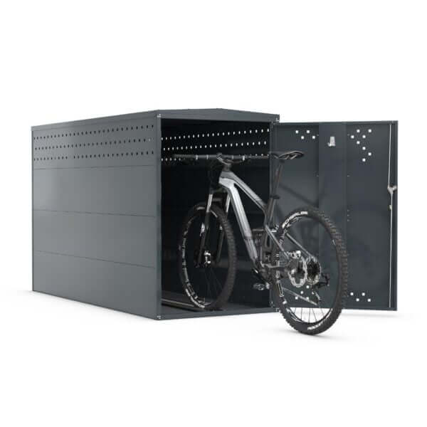 bikebox-1-24 Donkergrijze fiets opbergbox met open deur en mountainbike
