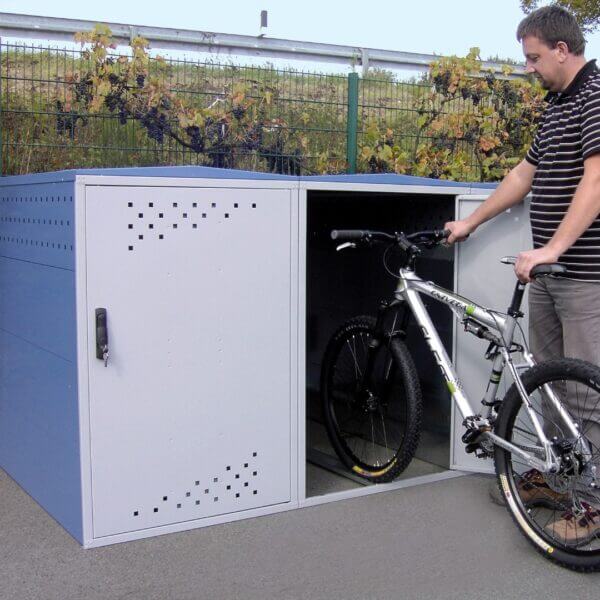 Modulaire fiets opbergbox met deur Modulaire fiets opbergbox met open deur en mountainbike