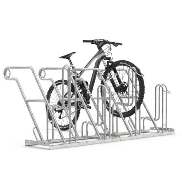 Enkelzijdig fietsenrek voor 4 fietsen met hoog-laag opstelling en valbeugel.