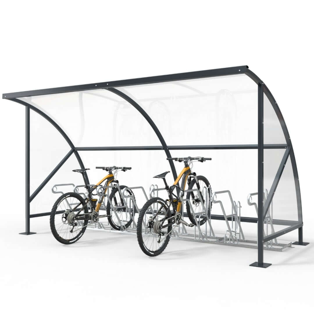 Gerenderde afbeelding van een bouwpakket fietsenstalling met gebogen polycarbonaat dak, stalen frame in RAL 7016 en geïntegreerde hoog-laag fietsenrekken.