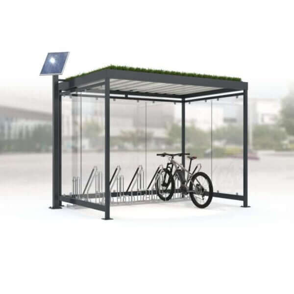 Gerenderde afb. van fietsoverkapping WSM Keulen Gerenderde afbeelding van een fietsoverkapping van 3x2 meter met glazen wanden, sedumdak, verlichting