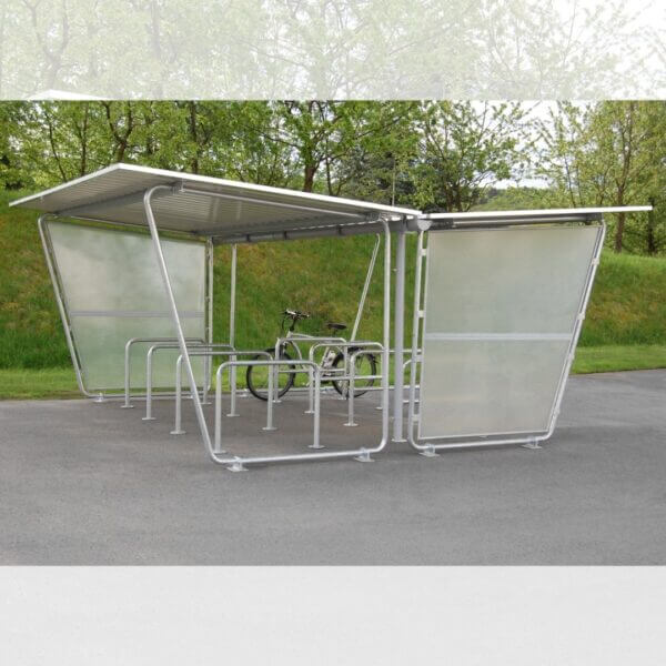 Overdekte fietsenberging online kopen Budgetvriendelijke overdekte fietsenstalling met optionele zijwanden en fietsaanleunbeugels voor veilige fietsparkeerplaatsen.