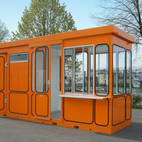 Modulaire kassa-unit met geïntegreerd sanitair Oranje kassa-unit met sanitair van Umfeldt voor evenementen en locaties