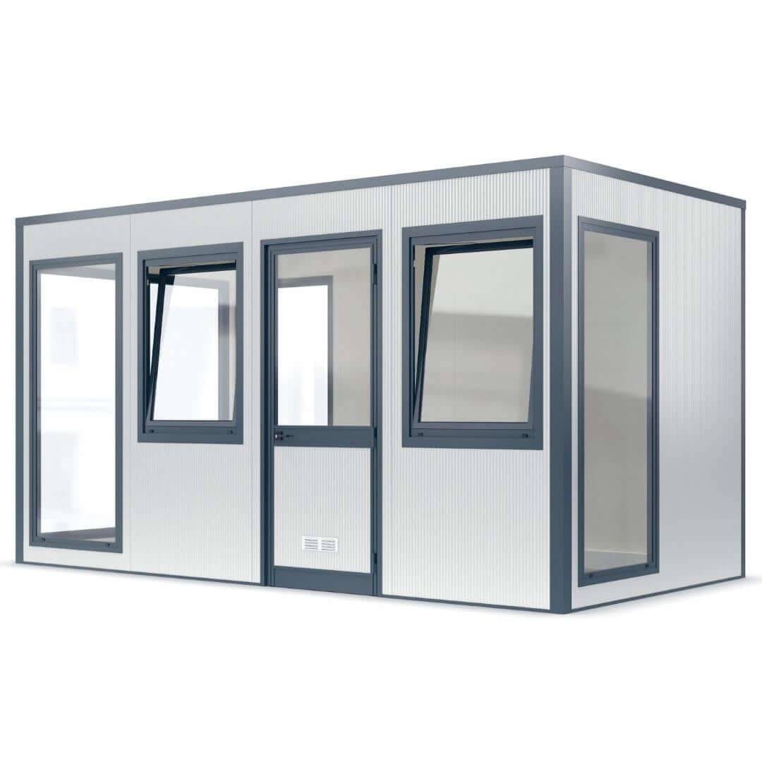 Kantoorunit 6x3 met ramen en deur, ideaal voor werkruimte.