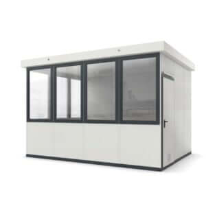 Modulaire verplaatsbare kantoorunit met grote ramen en stevige constructie.