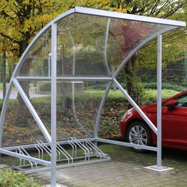 Fietsoverkapping voor 6 fietsen voor op betonpoeren kopen Verzinkte fietsoverkapping op betonpoeren geplaatst en geschikt voor 6 fietsen