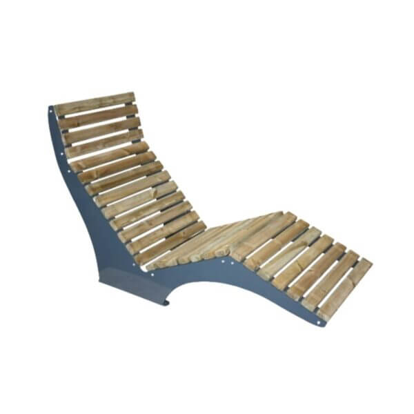 parkbank-ligstoel online bestellen Loungestoel van hout met grijs stalen frame, ideaal voor buitengebruik in parken of openbare ruimten