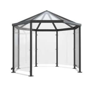 Modern paviljoen als rookruimte voor buiten met glazen wanden en RAL 7016 afwerking