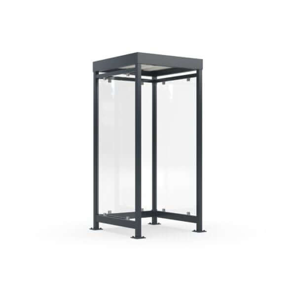 Gerenderde afbeelding van een compacte rookabri of overkapping met een minimalistisch ontwerp. Uitgevoerd in antracietkleurig metaal en voorzien van ESG-veiligheidsglas, ideaal als kleine rookruimte, wachthuisje of betaalautomaatoverkapping.