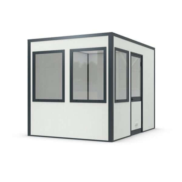 Kantoorunit 4x4 meter met ramen en deur, ruime werkplek voor binnen.