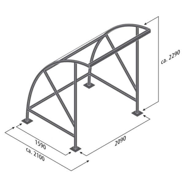 Tekening fietsoverkapping Bamberg 2x2m direct bestellen Technische tekening van een fietsoverkapping met afmetingen 2100x2090x2290 mm.