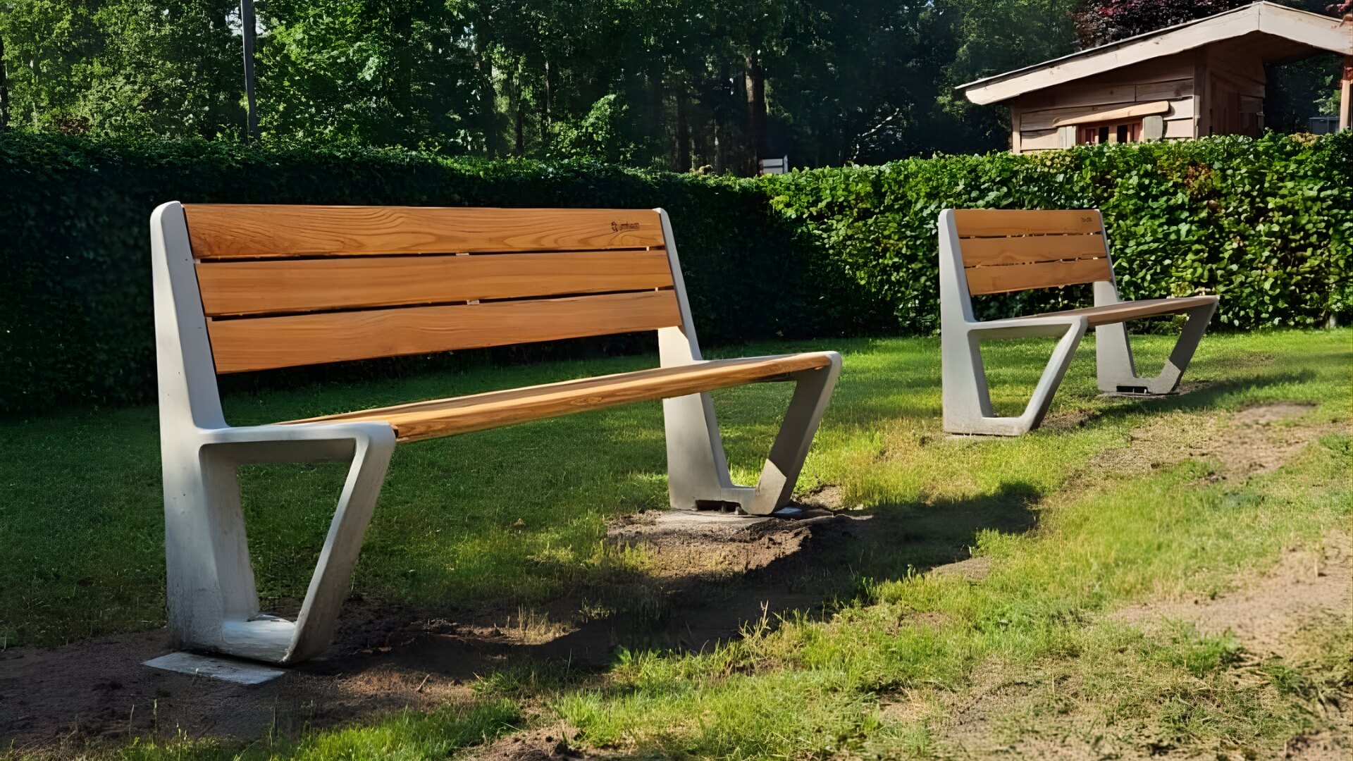 Twee moderne parkbanken met houten zitting en rugleuning op een betonnen onderstel, geplaatst op een groene grasstrook met een haag en tuinhuis op de achtergrond.