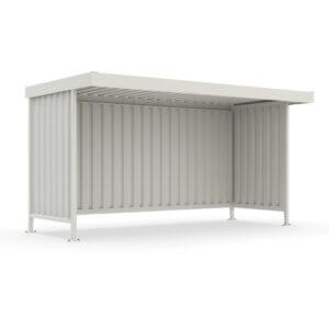 Betaalbare bouwpakket fietsoverkapping in wit. Gemaakt van verzinkt staal en leverbaar in diverse maten. Van 4x2m voor 10 fietsen.