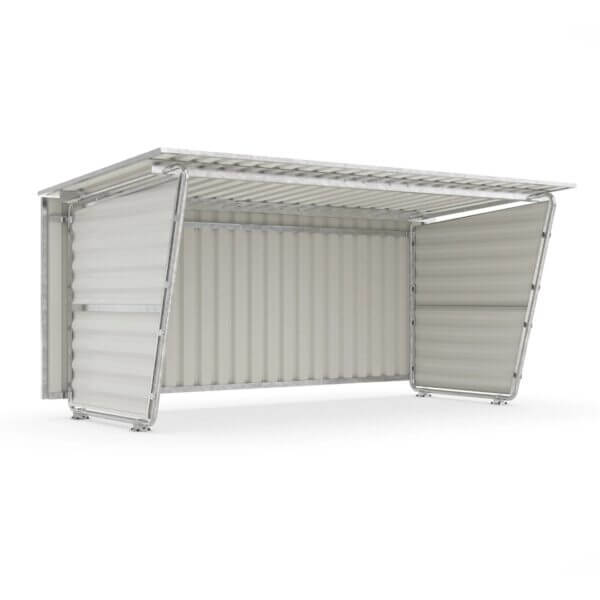 Praktische bouwpakket fietsenstalling van 4x2m in wit. Duurzaam verzinkt staal en eenvoudig te monteren.