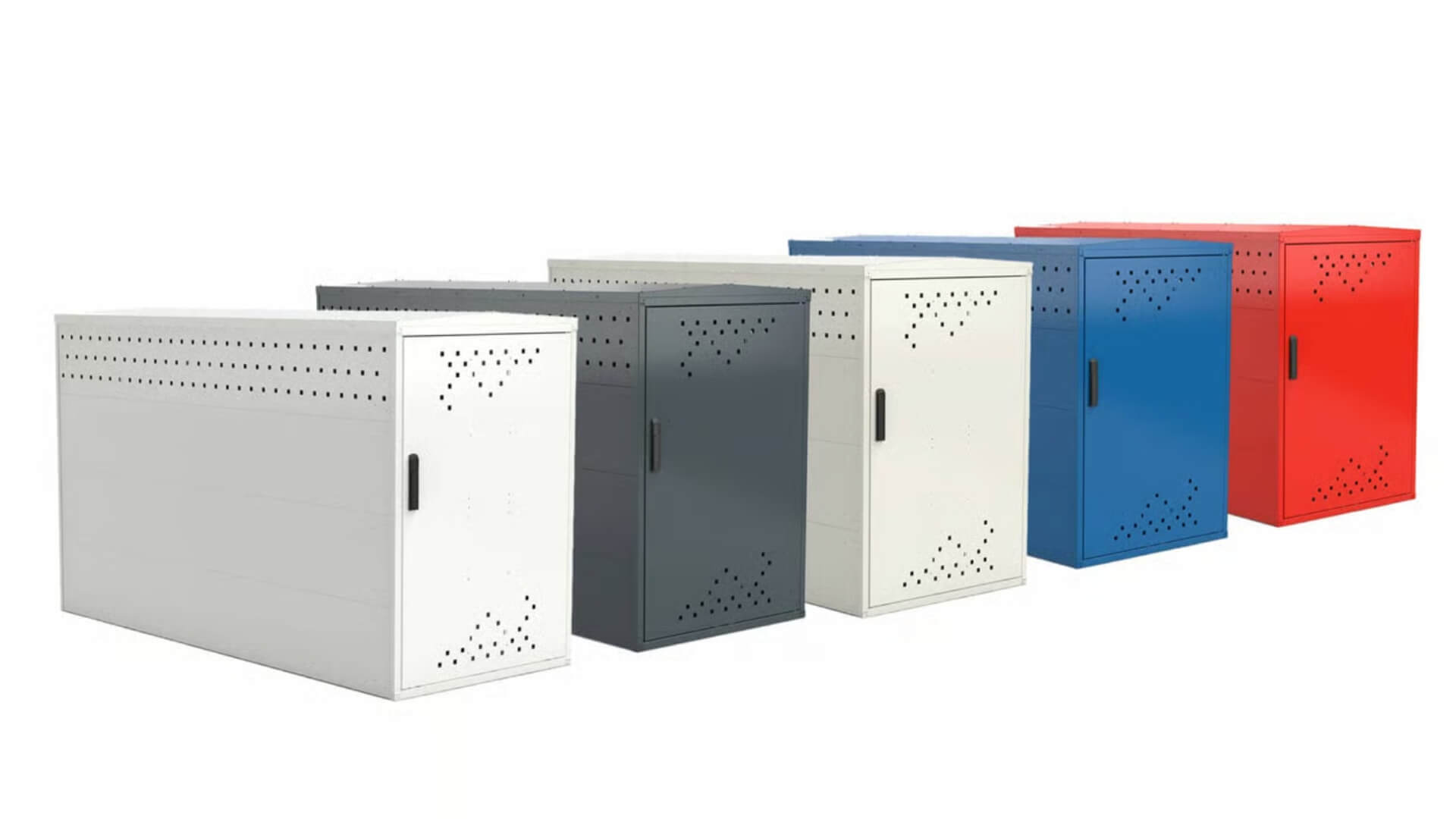 Fietsopbergboxen / fietskluizen in verschillende RAL-kleuren zoals wit, grijs, blauw en rood voor veilige fietsstalling buiten en alleen online te kopen.