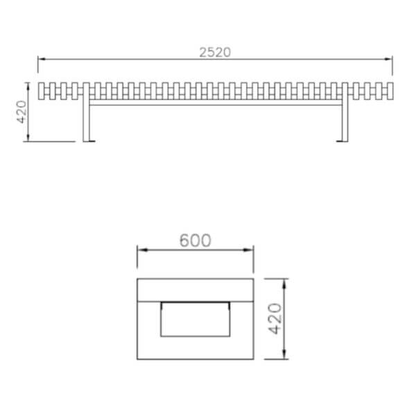 Maattekening van straatbank Sevilla zonder rug afmetingen straatbank Sevilla zonder rugleuning