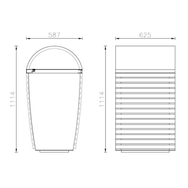 buiten-afvalbak-abu-tekening Technische tekening van een straatmeubilair afvalbak met maatvoering in millimeters.