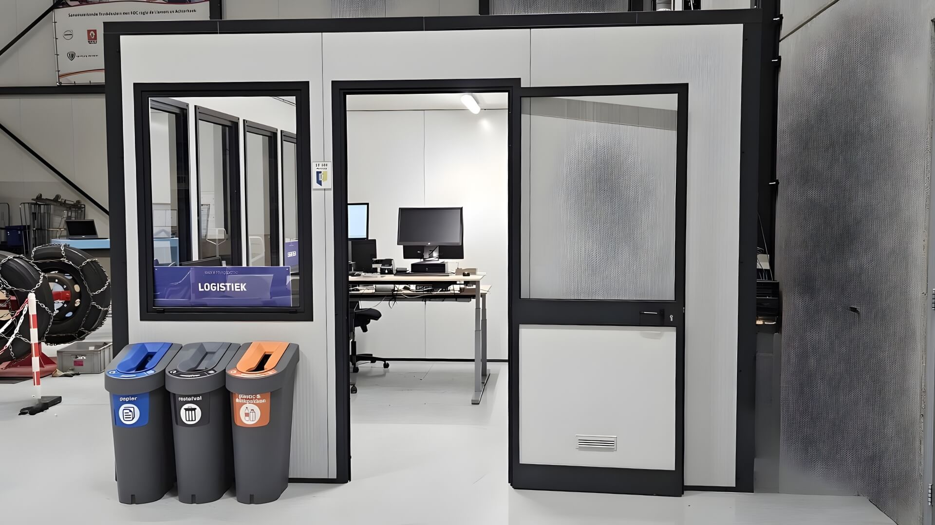 Modulaire prefab bureelunit met open deur en ingerichte werkplek en enkel online te kopen.