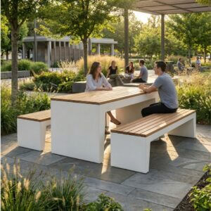 Betonnen picknickset Versilia Wood met houten latten in parkachtige omgeving