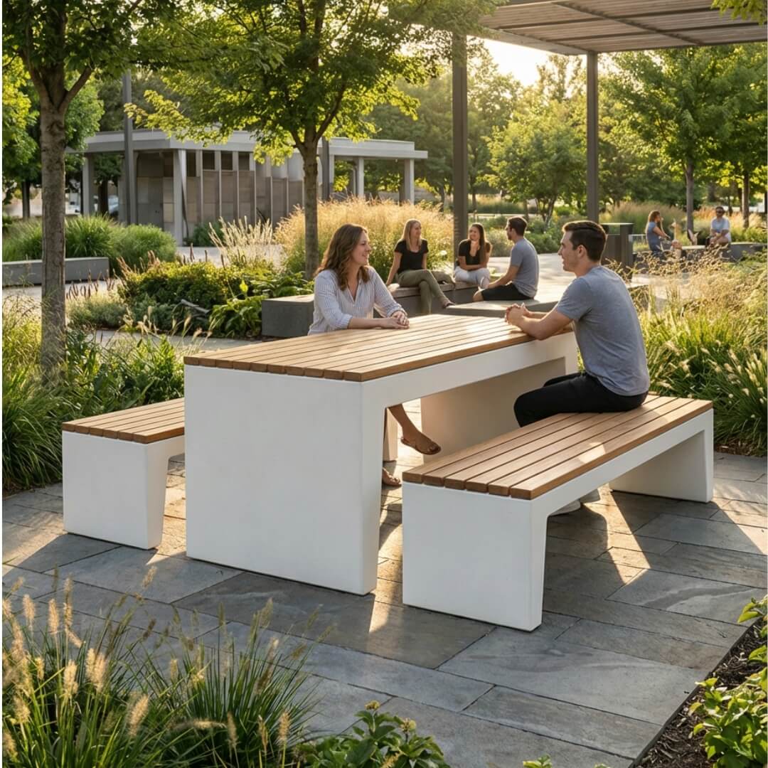 Betonnen picknickset Versilia Wood met houten latten in parkachtige omgeving