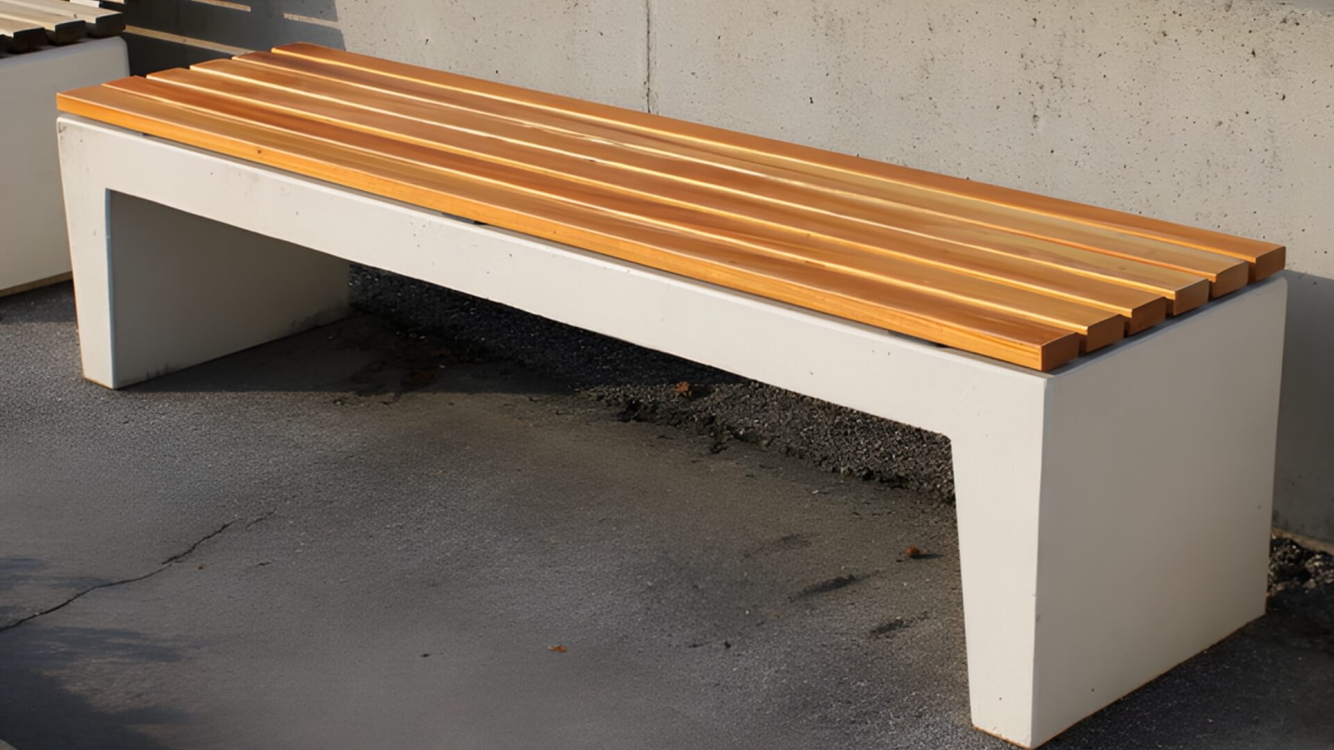 Zitelement van beton van beton en houten zitting, geplaatst op asfalt in openbare ruimte